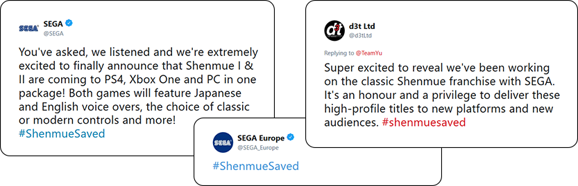 Tweets by Sega of America, Sega Europe, and d3t